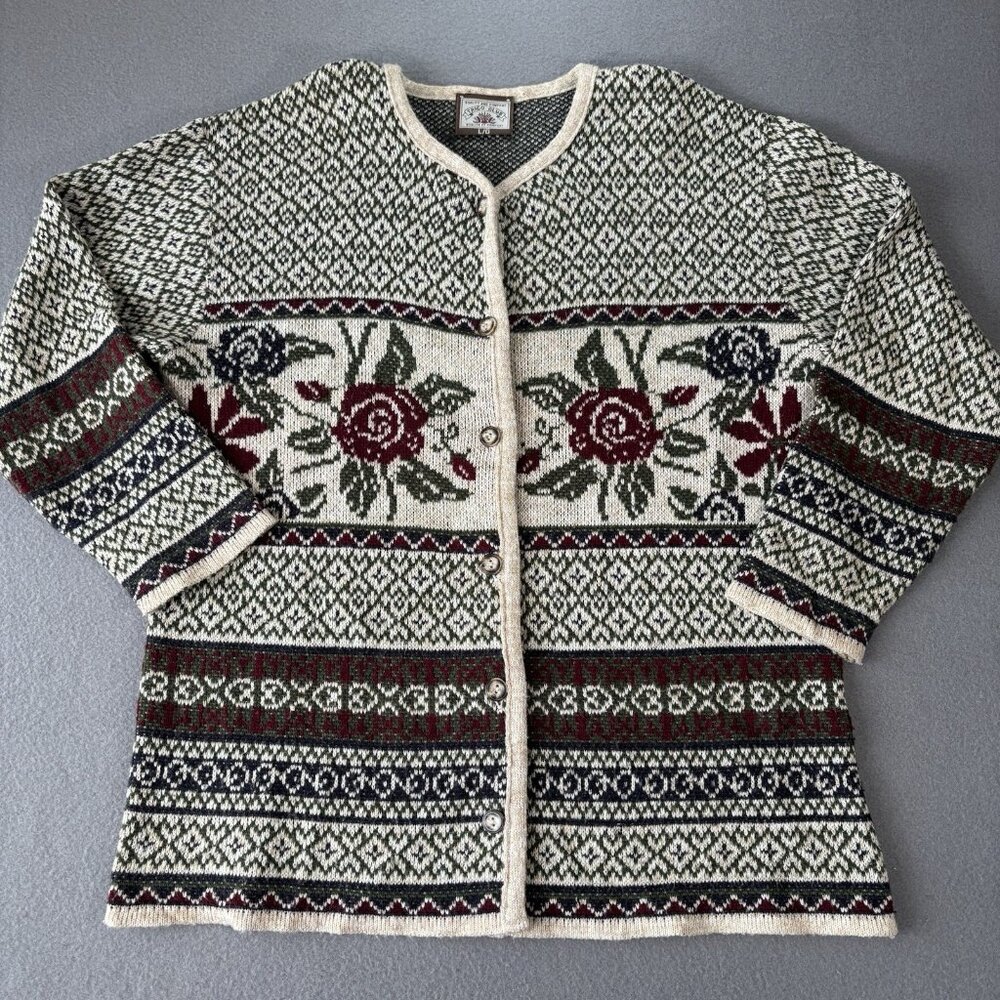 Vintage Trico Club Womens L Button Cardigan Nordic Floral Roses Fair Isle Knit‎